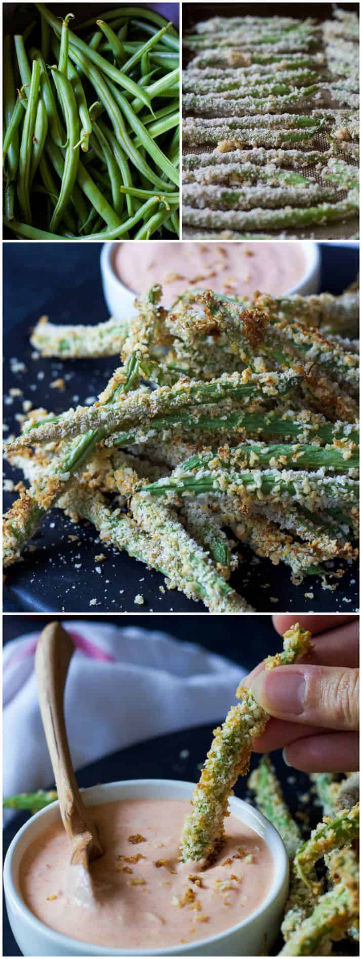 Collage of Crispy Baked Green Bean Fries with Creamy Sriracha Sauce for dipping