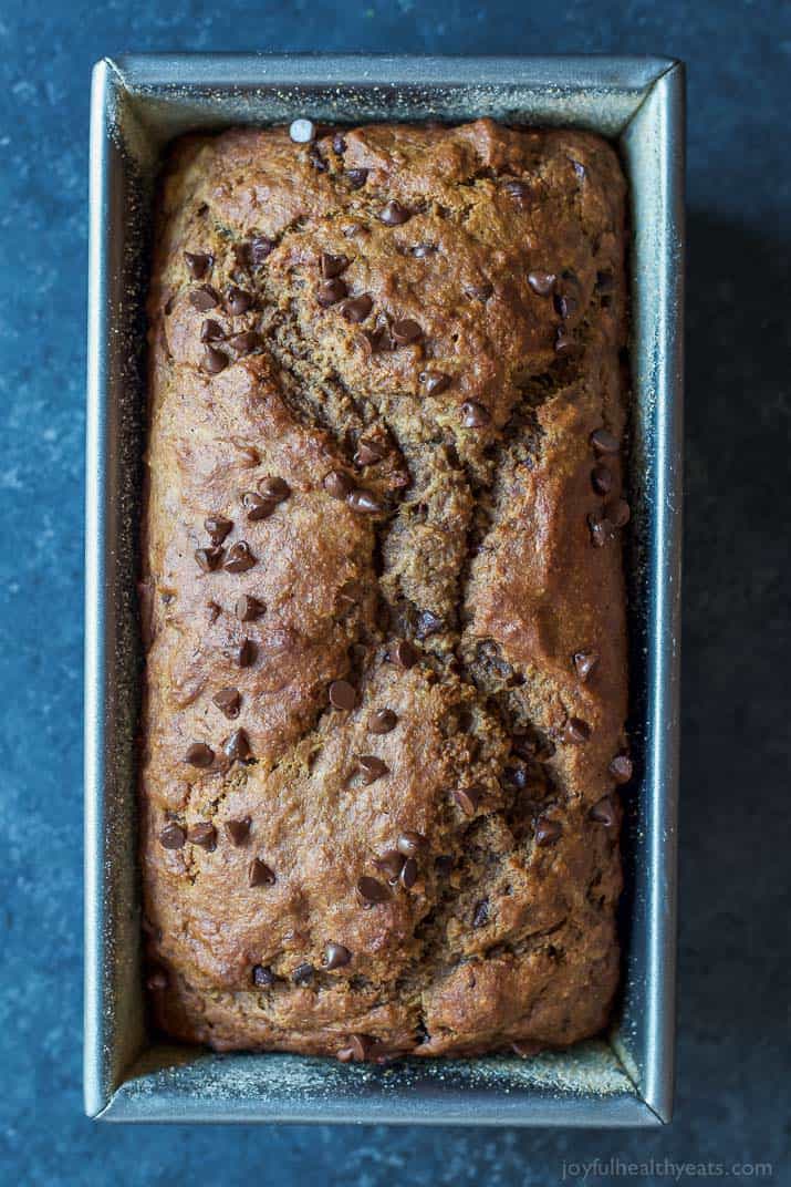 Top view of a loaf of Double Chocolate Banana Bread in a pan