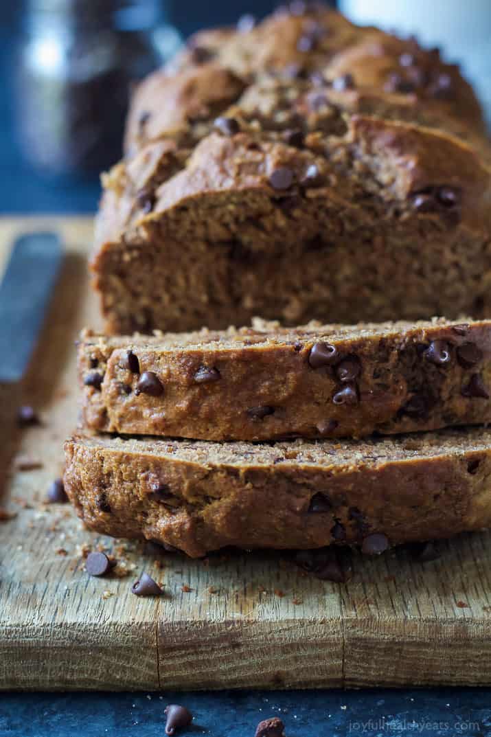 Double Chocolate Banana Bread sliced on a cutting board