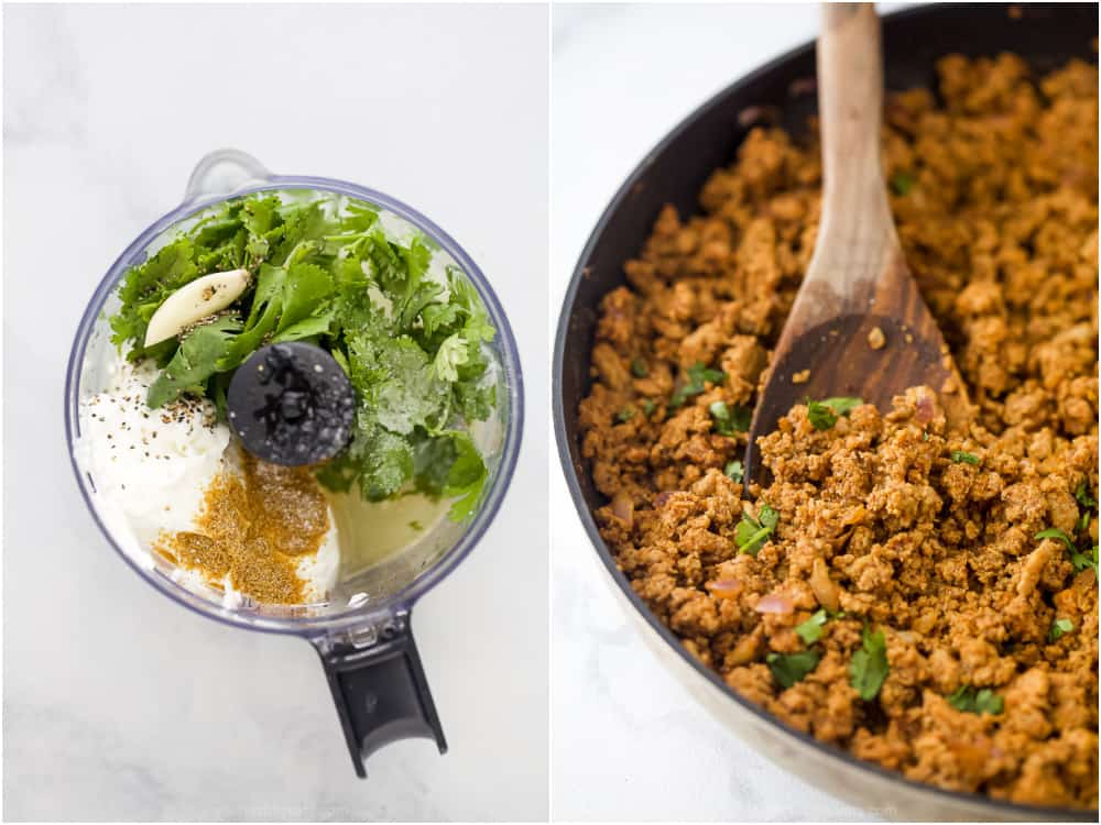 ground turkey taco meat with cilantro lime crema in a food processor