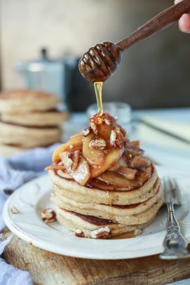 fluffy whole wheat pancakes with cinnamon apple compote