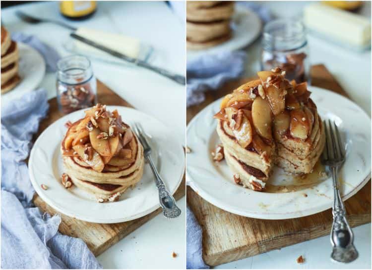 Collage of two views of fluffy whole wheat pancakes topped with cinnamon apple compote.