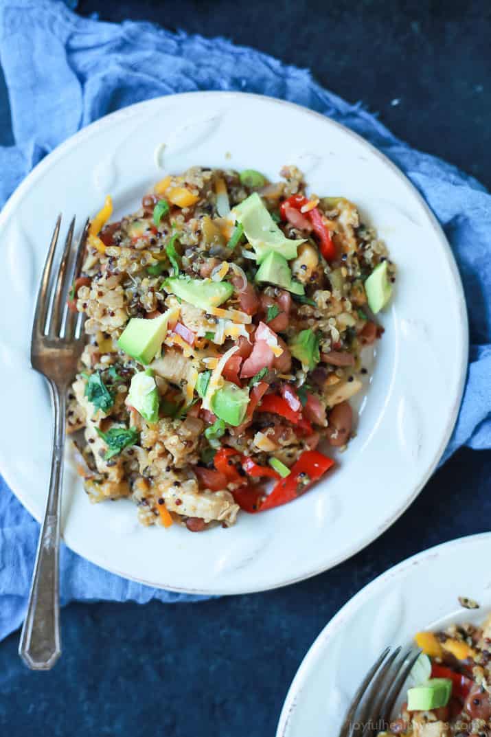 Top view of a serving of Healthy One Pot Mexican Quinoa Casserole in a bowl