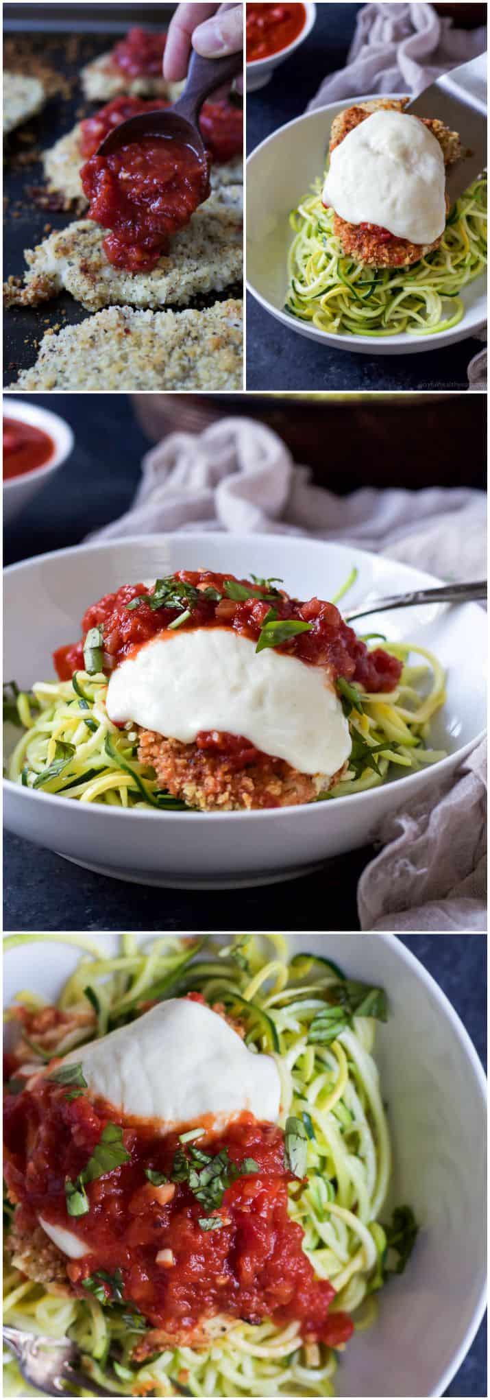 Lighter Baked Chicken Parmesan with Zucchini Noodles, your family will adore this lightened up twist on a classic. Only 387 calories a serving! Healthy comfort food is the best comfort food!| joyfulhealthyeats.com #zoodles