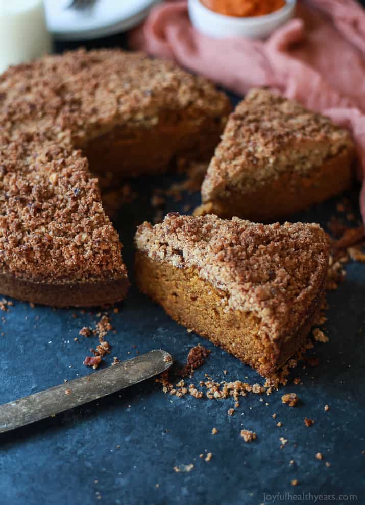 A family recipe that you need in your arsenal this fall! Pumpkin Spice Latte Coffee Cake, moist, loaded with pumpkin spice flavor with a touch of espresso for the best bite. Starbucks has nothing on this cake! | joyfulhealthyeats.com #recipe #fall