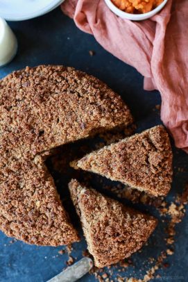 A family recipe that you need in your arsenal this fall! Pumpkin Spice Latte Coffee Cake, moist, loaded with pumpkin spice flavor with a touch of espresso for the best bite. Starbucks has nothing on this cake! | joyfulhealthyeats.com #recipe #fall