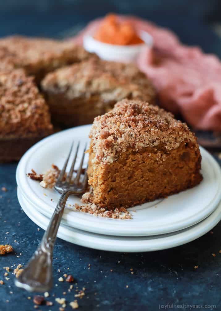 A family recipe that you need in your arsenal this fall! Pumpkin Spice Latte Coffee Cake, moist, loaded with pumpkin spice flavor with a touch of espresso for the best bite. Starbucks has nothing on this cake! | joyfulhealthyeats.com #recipe #fall
