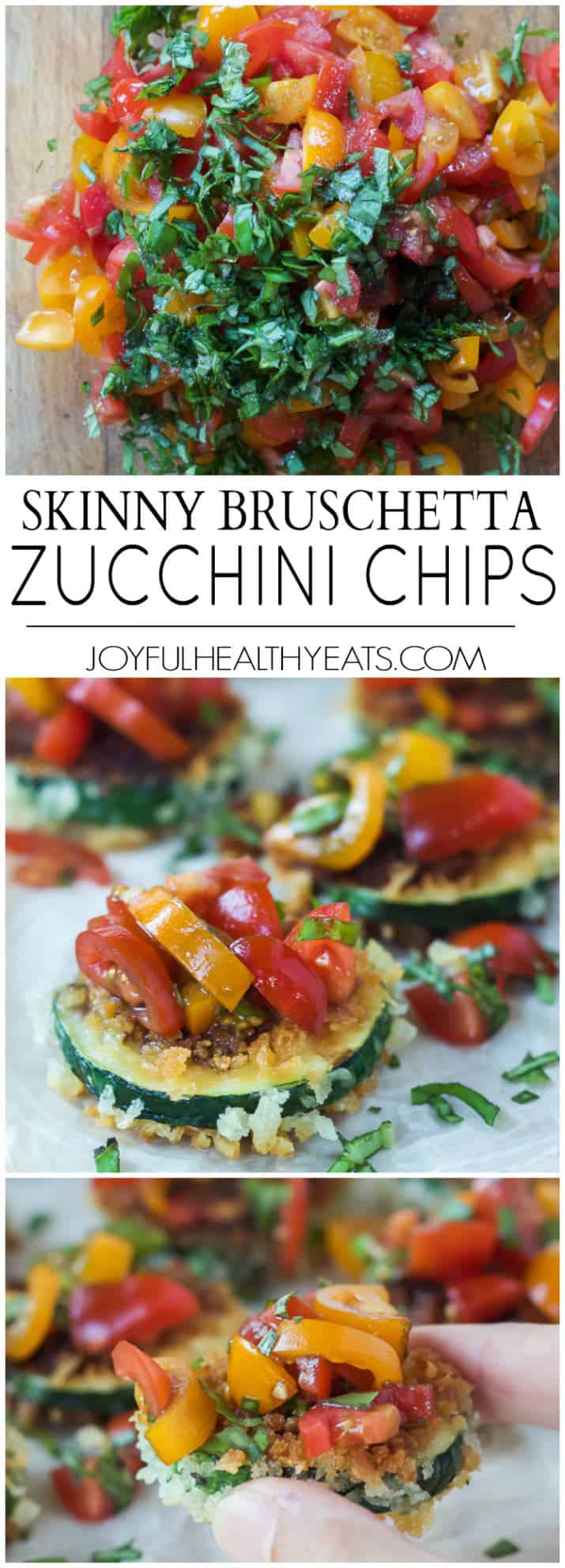 Skinny Bruschetta Zucchini Chips a low calorie, meat free, and dairy free, option for game day but still packs a punch of flavor from a few secret ingredients! This is a must try for sure! | joyfulhealthyeats.com #recipes #ad #MeatlessMondayNight
