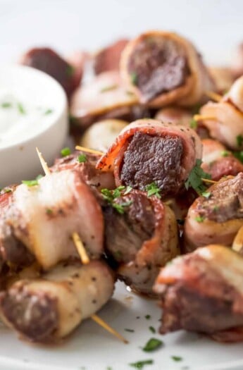 Close-up of grilled tenderloin bites.