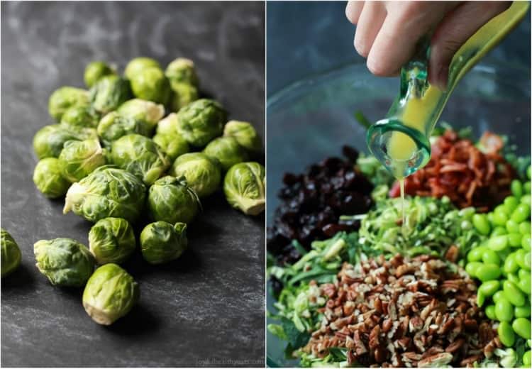 Collage of whole brussel sprouts and Autumn Kale & Shaved Brussel Sprout Salad ingredients