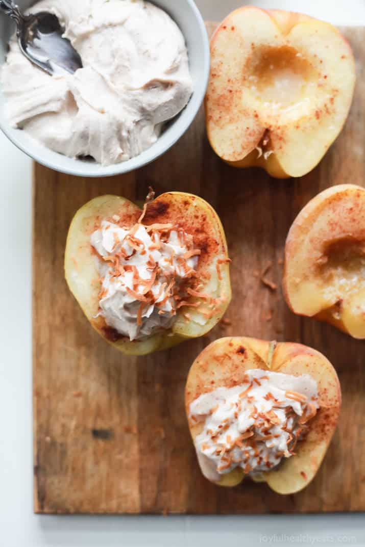 Apple halves filled with creamy cinnamon mascarpone cheese