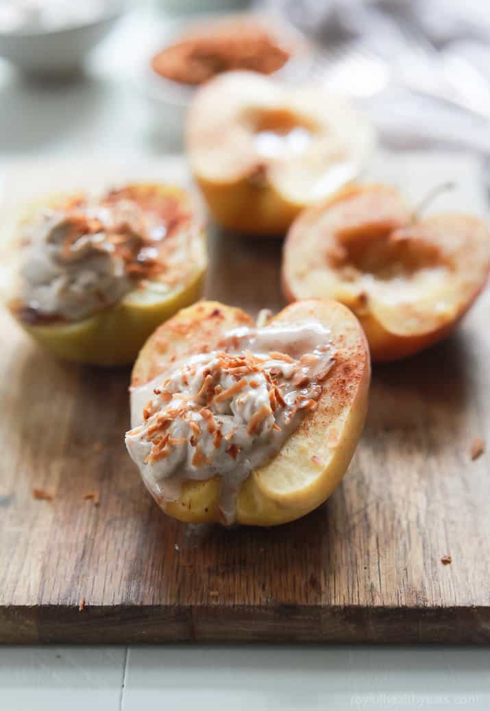 Baked Apples topped with creamy Cinnamon Mascarpone Cheese