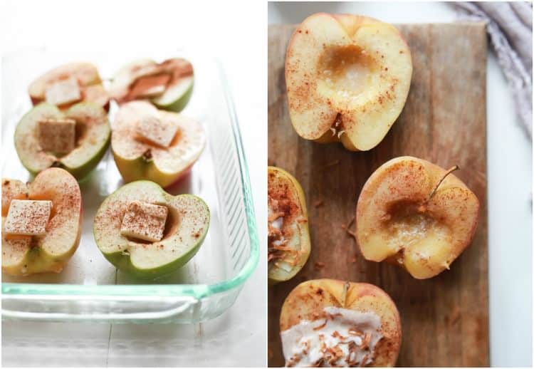 Apple halves in a baking dish with cinnamon and butter and apple halves on a cutting board with cinnamon