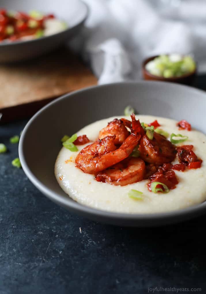 A bowl of Spicy Cajun Shrimp over Smoked Gouda Grits