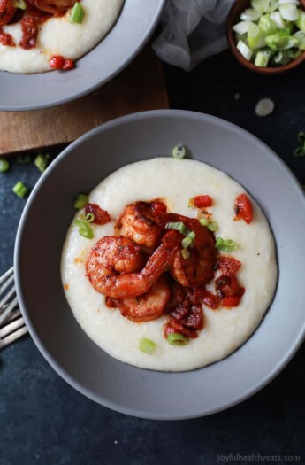 Spicy Cajun Shrimp with Smoked Gouda Grits, a southern classic elevated! This Shrimp and Grits dish walks the line between fresh flavors and comforting richness, you’re gonna love it! | joyfulhealthyeats.com #comfortfood