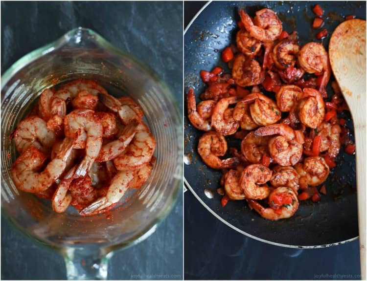 Spicy Cajun Shrimp being seasoned and cooked