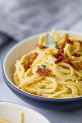 close up photo of creamy butternut squash pasta