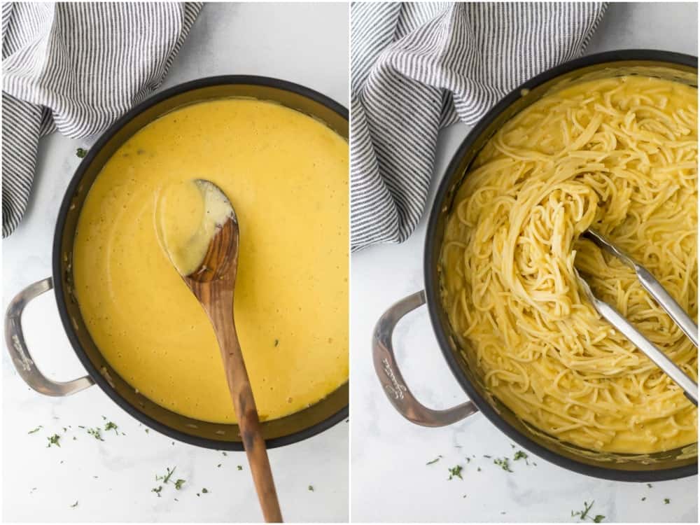 Collage of two steps to make butternut squash pasta sauce