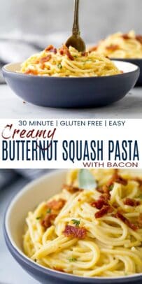 pinterest image for creamy butternut squash pasta with bacon