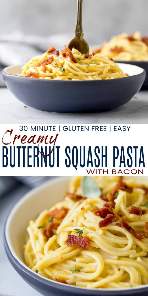 Collage for creamy butternut squash pasta with bacon recipe