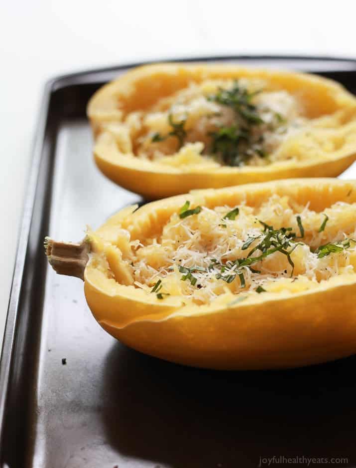 A 15 Minute way to make Spaghetti Squash that you will fall in love with, Parmesan Herb Microwave Spaghetti Squash. It's as easy as 1,2, ... and it needs to be on your table this holiday season! | joyfulhealthyeats.com 