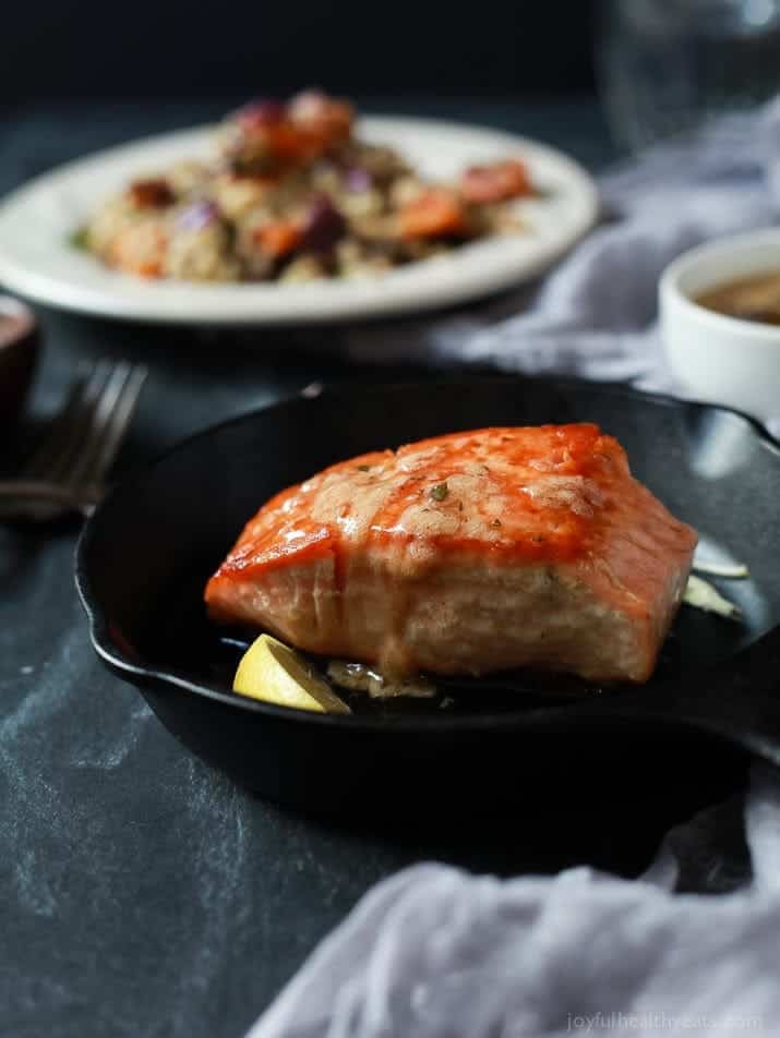 Perfectly Pan Seared Salmon topped with a nutty Brown Butter Sauce with subtle hints of fresh sage and nutmeg for one to die for bite. This Salmon recipe screams fall, takes less than 30 minutes, and is 300 calories! | joyfulhealthyeats.com #glutenfree #paleo Easy Healthy Recipes