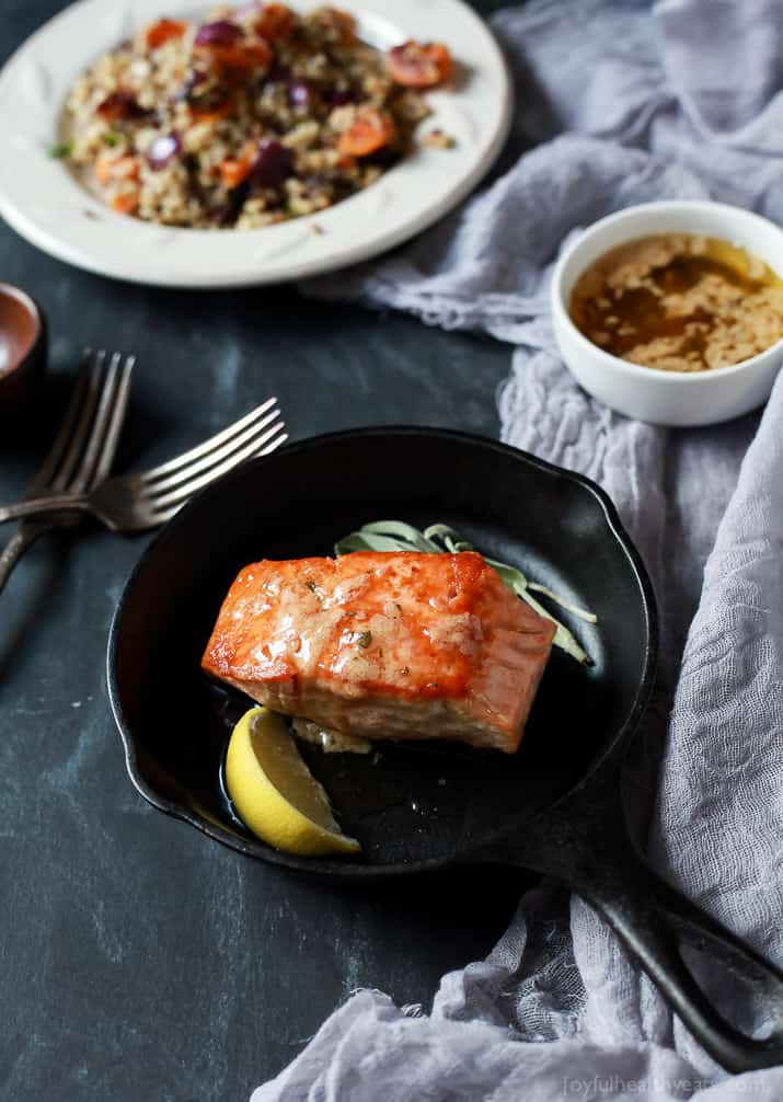 Perfectly Pan Seared Salmon topped with a nutty Brown Butter Sauce with subtle hints of fresh sage and nutmeg for one to die for bite. This Salmon recipe screams fall, takes less than 30 minutes, and is 300 calories! | joyfulhealthyeats.com #glutenfree #paleo