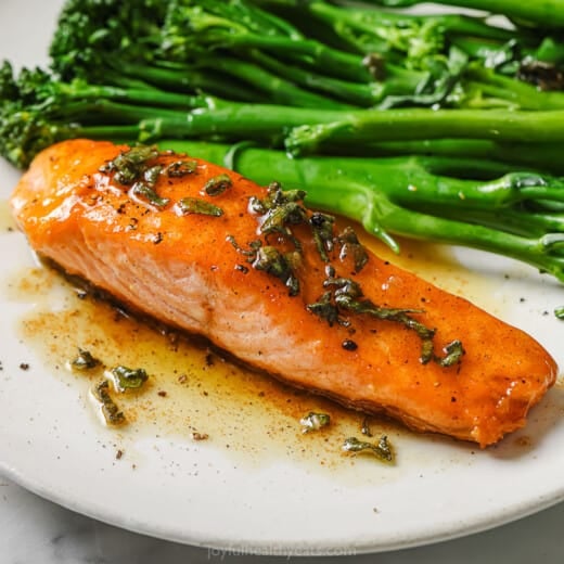 Landscape photo of pan seared salmon.