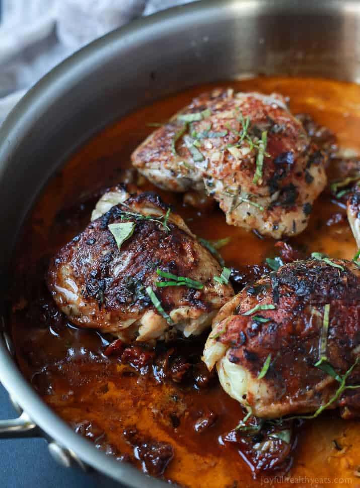 Smoky Coconut Milk Braised Chicken, full of flavor surprises from coconut milk, to smoky paprika, sun-dried tomatoes, and a surprise ingredient that will take you over the top! You will fall in love with the rich flavors of this dish! | joyfulhealthyeats.com 