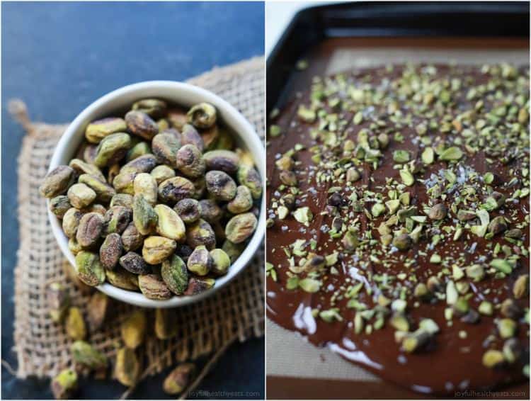 Collage of two photos with a bowl of pistachios and melted chocolate topped with chopped pistachios