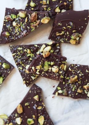 Easy to make 3-ingredient Salted Pistachio Chocolate Bark - this bark recipe is done in just 5 minutes and can easily be jazzed up with different flavors if you'd like. Makes a great holiday gift or tasty late night snacking! | joyfulhealthyeats.com