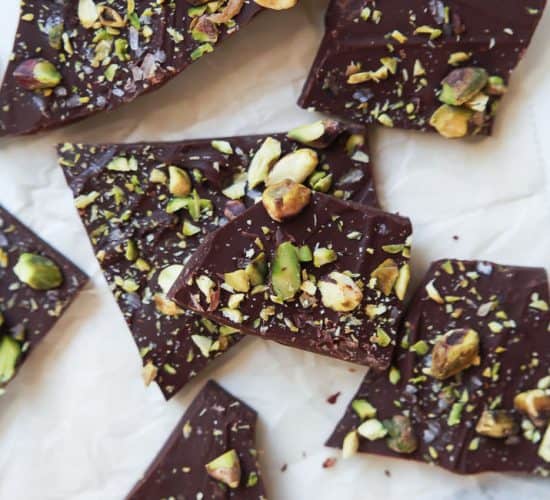 Easy to make 3-ingredient Salted Pistachio Chocolate Bark - this bark recipe is done in just 5 minutes and can easily be jazzed up with different flavors if you'd like. Makes a great holiday gift or tasty late night snacking! | joyfulhealthyeats.com