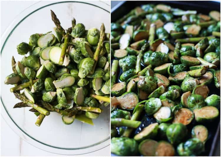 Halved brussel sprouts and asparagus pieces in a bowl and on a sheet pan