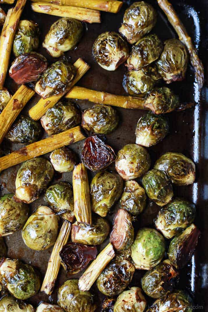 Roasted Brussels Sprouts and Asparagus on a sheet pan