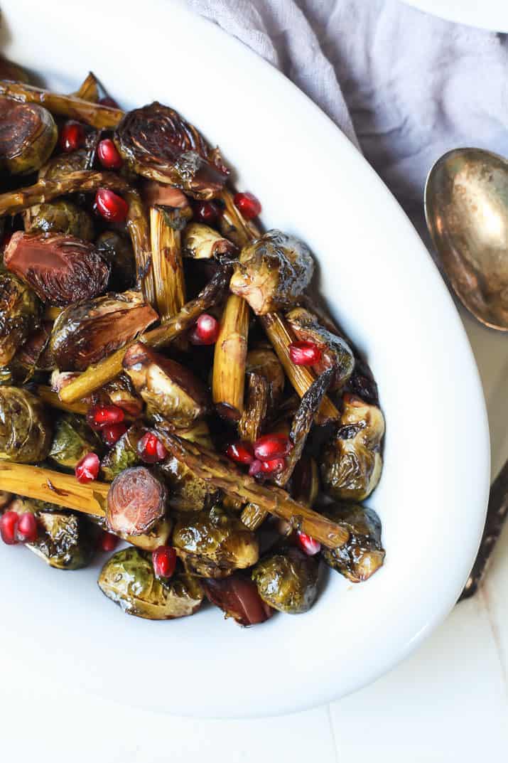 Roasted Brussels Sprouts and Asparagus with balsamic glaze in a bowl