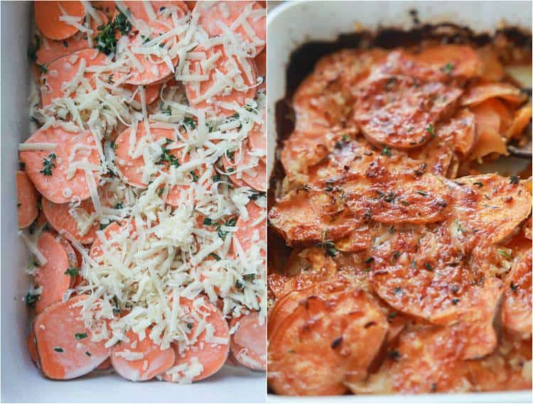 Side-by-side process shots of layering sweet potatoes with creamy sauce and cheese to bake up into scalloped sweet potatoes.