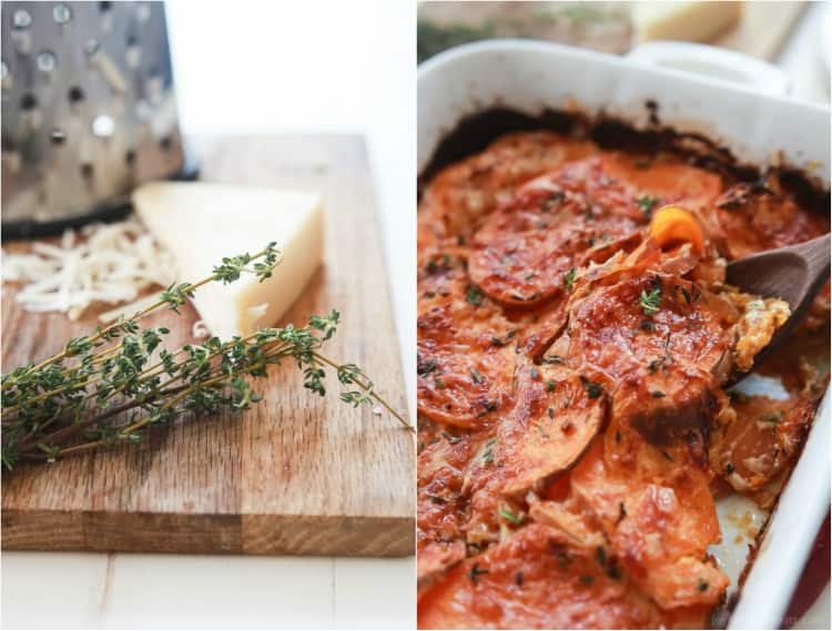 Shredded cheese on a cutting board and a pan of Cheesy Scalloped Sweet Potatoes.