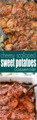 Pinterest image for scalloped sweet potatoes.
