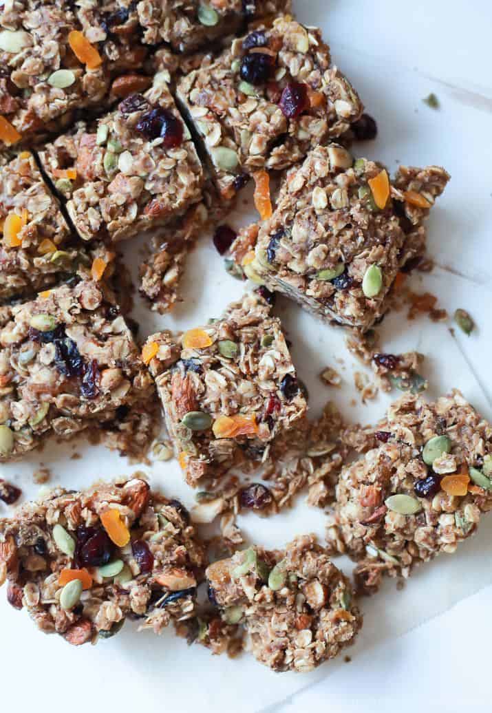 A bird's-eye view of homemade granola bars on top of a piece of parchment paper
