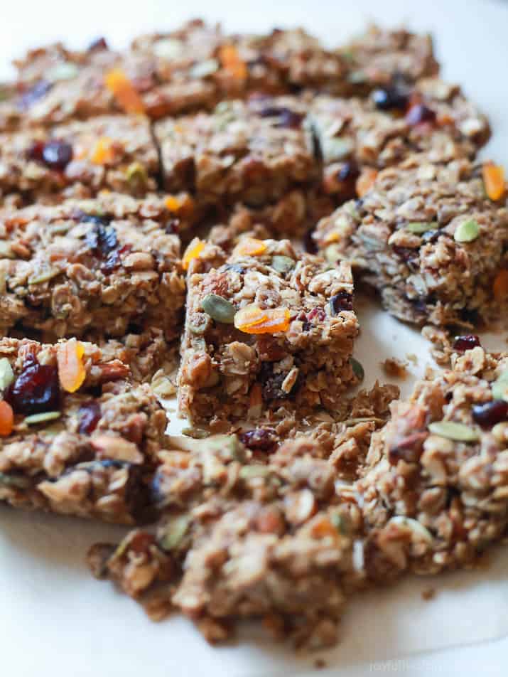 Square pumpkin spice granola bars lined up on a white surface