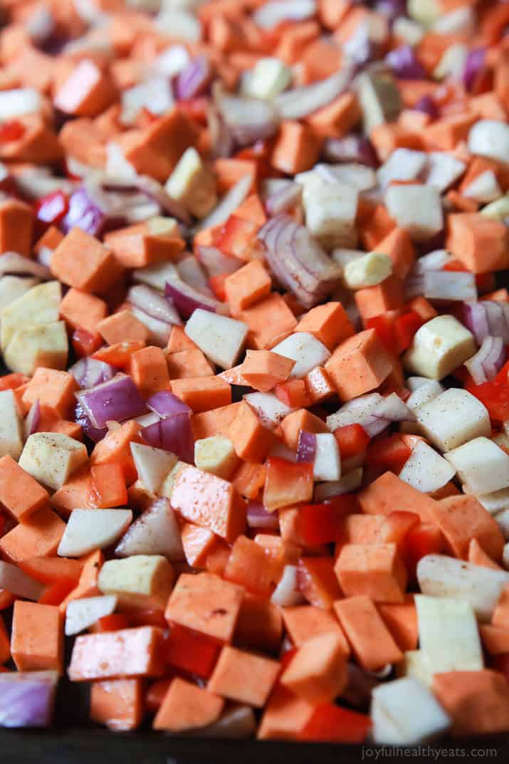 Sweet Potato Hash ingredients on a baking sheet