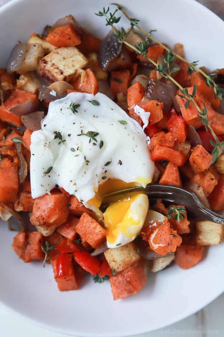 Top view of Sweet Potato Hash topped with a Poached Egg