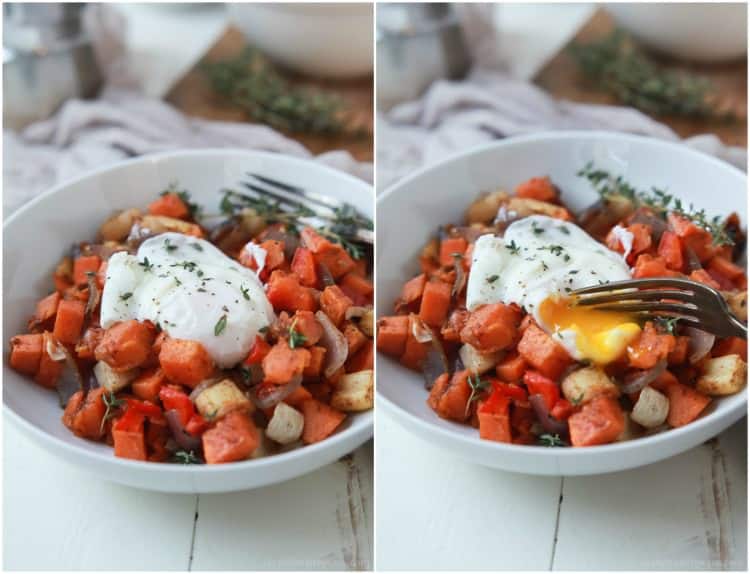 Collage of two bowls of Sweet Potato Hash topped with a Poached Egg