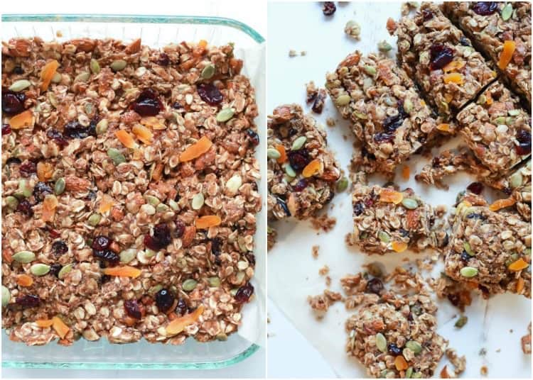 A collage of two images of pumpkin spice granola bars before anf after they've been removed from the pan and cut