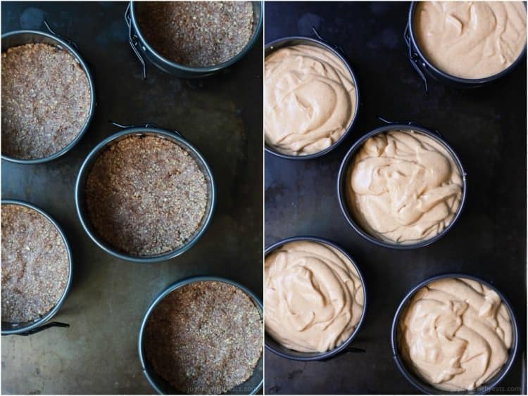 A side-by-side comparison of mini springform pans filled with just crust versus crust and filling