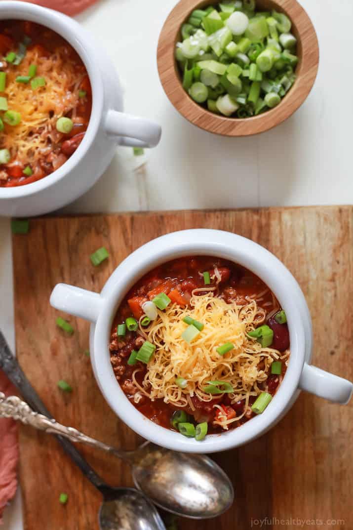 Overhead view of a bowl of turkey chili.