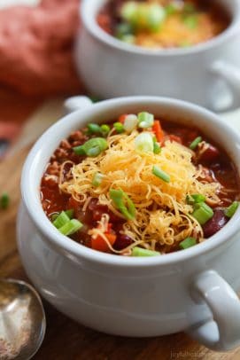 The BEST Crock Pot Chili you'll ever make and under 300 calories a serving! Plus it has a surprise spice you would've never thought to add. This Chili Recipe will blow your mom's out of the water ... sorry mom! |joyfulhealthyeats.com