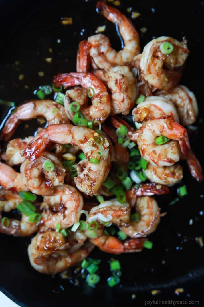 Honey Garlic Sauteed Shrimp topped with scallions