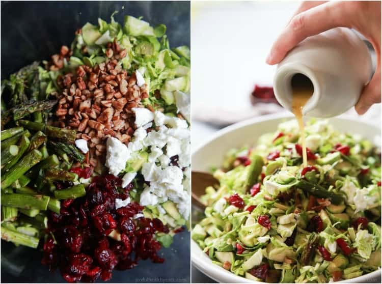 Collage of Asparagus & Brussel Sprout Salad ingredients and the completed salad topped with Honey Dijon Dressing