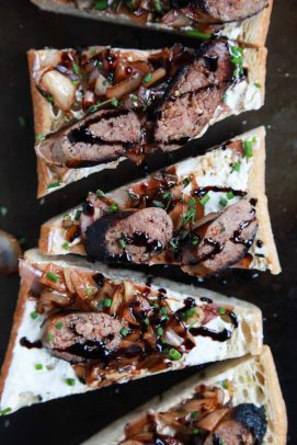 This Balsamic Italian Sausage Crostini topped with Whipped Goat Cheese is the perfect party appetizer to wow your guests for the holidays. It's fancy, delicious, and so easy! | joyfulhealthyeats.com